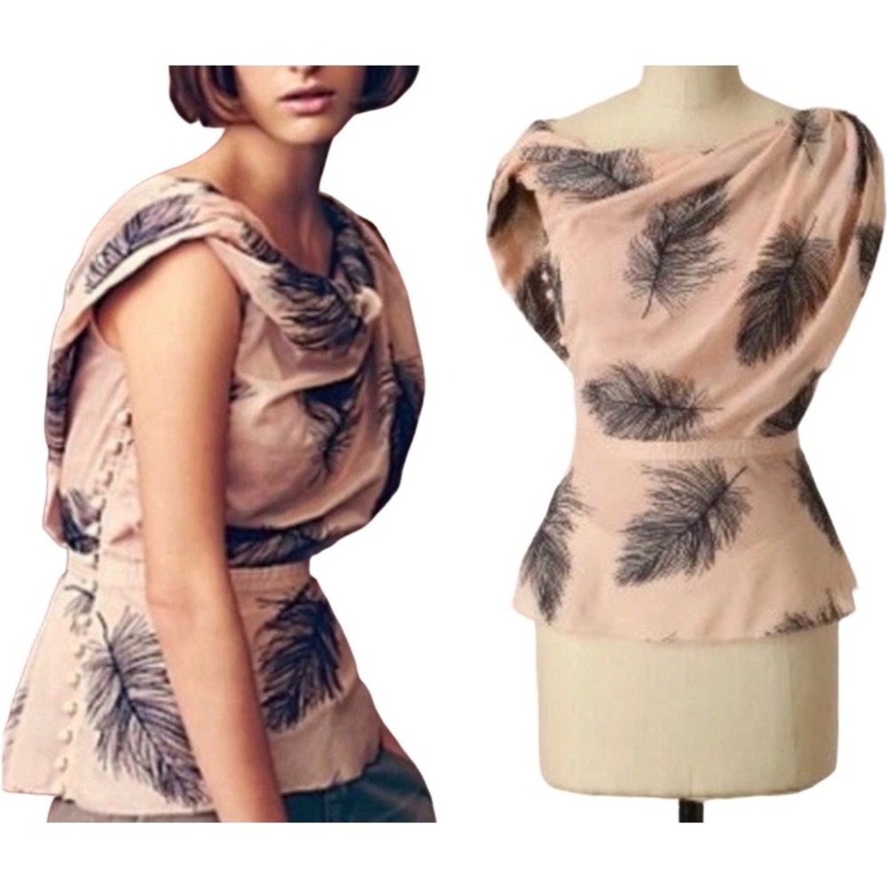 BYRON LARS 14 Peplum Top Pink Feather Print Cowl Neck Anthropologie Beauty Mark